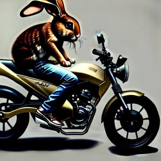 Image similar to a bunny wearing a leather jacket, riding a suzuki dr 6 0 0 motorcycle, highly detailed, digital painting, artstation, concept art, matte, sharp focus, highly detailed, 4 k, hdr, smooth, sharp focus, high resolution, award - winning photo, photorealistic, art by artgerm and greg rutkowski and alphonse mucha, large shot