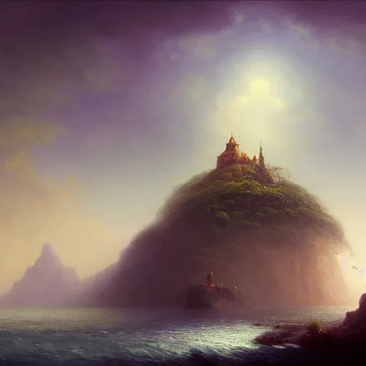 Prompt: ''cinematic shot'' of a floating small island with big castle on top of it made of vegetation made by ivan aivazovsky, peter mohrbacher, greg rutkowski volumetric light effect broad light oil painting painting fantasy art style sci - fi art style realism premium prints available artwork unreal engine