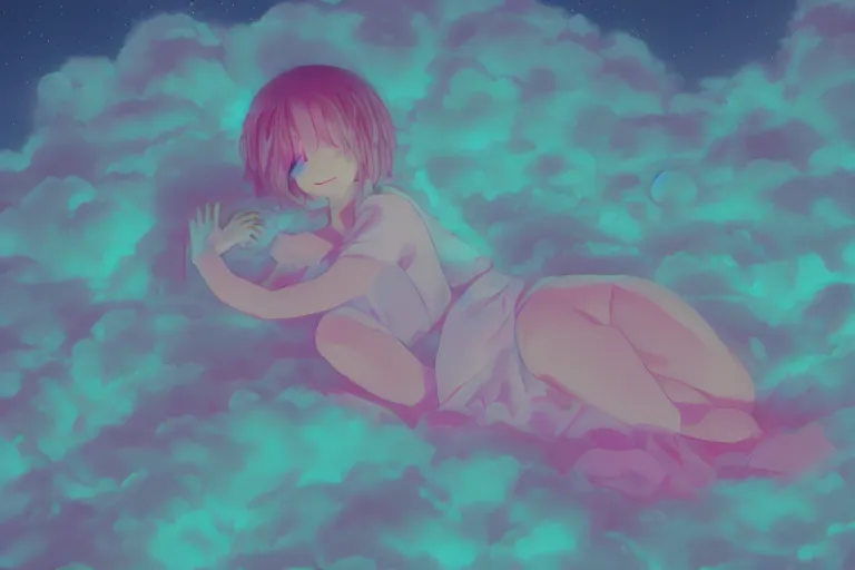 Image similar to a cute anime girl sleeping on a cloud, misty, glows, digital art, hazy, foggy, ambient lighting, 8 k, neon, synthwave,