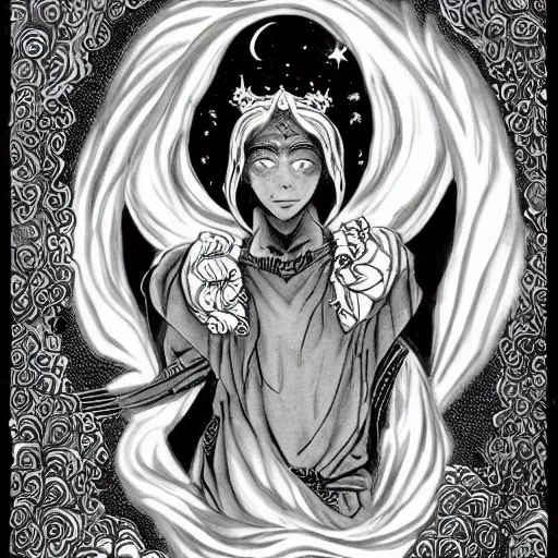 Prompt: black and white pen and ink!!!!!!! Young Guy Madison wearing cosmic space robes made of stars final form flowing royal!!! mage hair golden!!!! Vagabond!!!!!!!! floating magic swordsman!!!! glides through a beautiful!!!!!!! Camellia!!!! Tsubaki!!! death-flower!!!! battlefield behind!!!! dramatic esoteric!!!!!! Long hair flowing dancing illustrated in high detail!!!!!!!! by Moebius and Hiroya Oku!!!!!!!!! graphic novel published on 2049 award winning!!!! full body portrait!!!!! action exposition manga panel black and white Shonen Jump issue by David Lynch eraserhead and beautiful line art Hirohiko Araki!! Rossetti, Millais, Mucha, Kentaro Miura, Jojo's Bizzare Adventure!!