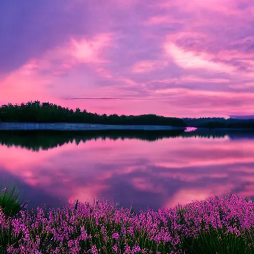 Prompt: dusk with pink and lavender sky with light pink clouds on a lake reflecting the pink sky dreamland