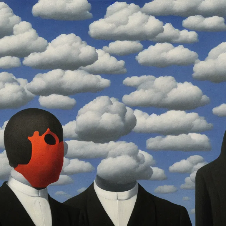 Image similar to portrait of a faceless shadow - head man in a suit, clouds in the background, by rene magritte, detailed painting, distance, middle centered, hd, hq, high resolution, high detail, 4 k, 8 k