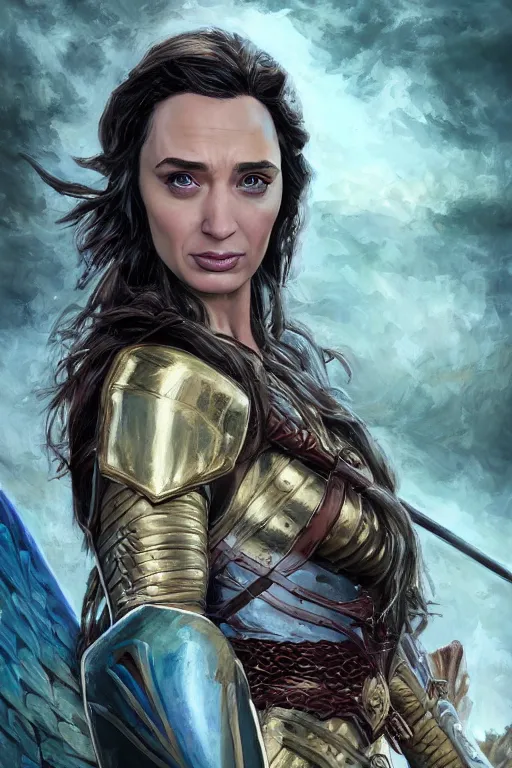 Image similar to A fantasy comic book style portrait painting of, hybrid of Gal Gadot, Emily Blunt, as an Atlantean, Reptilian Warrior, Mystical Valkyrie, Armor, Sword, Archer Bow, Spear, Sheild, François Boucher, Oil Painting, unreal 5, DAZ, hyperrealistic, octane render, Regal, Refined, Coherent, Detailed Digital Art, RPG portrait, William-Adolphe Bouguereau, Michael Cheval, Walt Disney (1937), Steampunk, dynamic lighting, Highly Detailed, Cinematic Lighting, Unreal Engine, 8k, HD