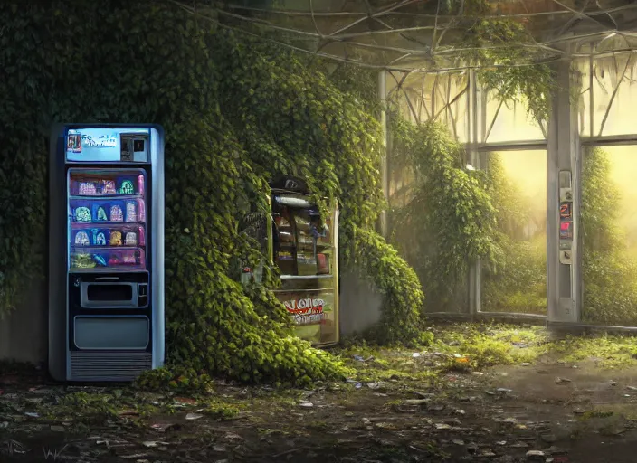 Image similar to close up of a vending machine in an abandoned shopping mall, big trees, overgrown by flower, vines, at night, rays of moonlight, full moon, hyperrealistic, highly detailed, oil painting, intricate, cgsociety, artstation, 8 k, cinematic, soft lighting, by greg rutkowski, by wlop, by artgerm