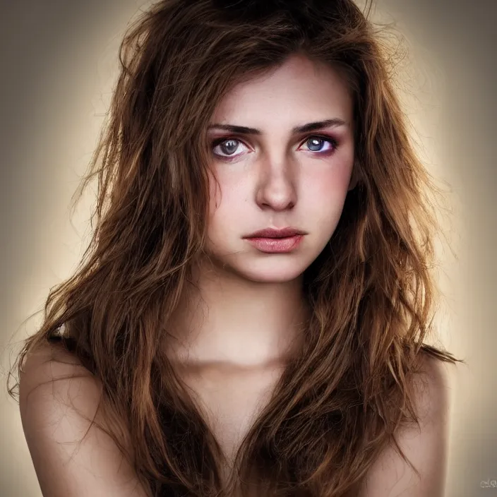 Prompt: photographic Close-up face of a extremely beautiful girl with light brown hair , high light on the left, non-illuminated backdrop, illuminated by a dramatic light, Low key lighting, light dark, High constrast, dramatic , Steve Mccurry, Greg Rutkowski, Alphonse Mucha ,dark background, high quality, photo-realistic, 8K,