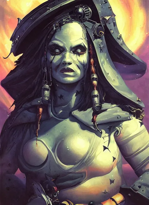 Image similar to portrait of space pirate, night sky background, coherent! by brom, deep color, strong line, high contrast