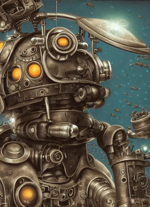 Image similar to highly detailed closeup, portrait of a retro robot deep sea diving, unreal engine, nicoletta ceccoli, mark ryden, earl norem, lostfish, global illumination, detailed and intricate environment