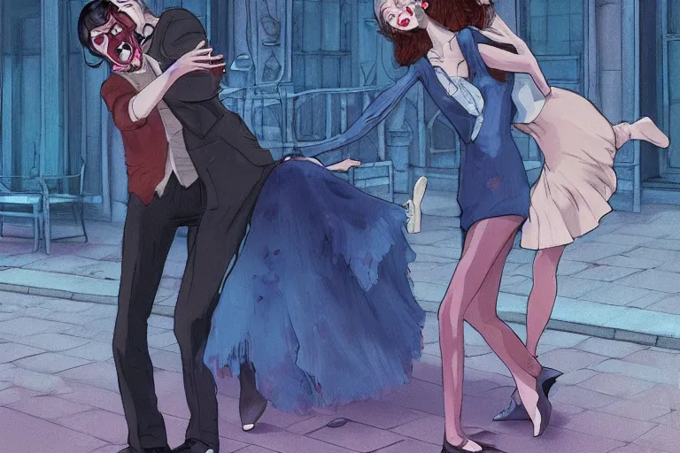 Prompt: a zombie couple dancing tango in the streets of Buenos aires at night, dark blue long hair, muted colors, matte print, pastel colors, ornate, digital art, cute smile, digital painting, fan art, elegant, pixiv, by Ilya Kuvshinov, by Studio Ghibli