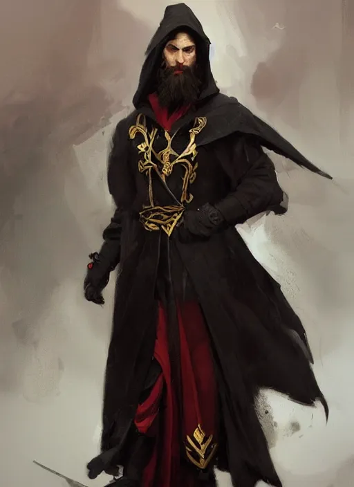 Image similar to character concept portrait of an attractive bearded young Rasputin dressed in a black, gold, and crimson robe with hood. Action pose. intricate, elegant, digital painting, concept art, smooth, sharp focus, illustration, from Metal Gear, by Ruan Jia and Mandy Jurgens and William-Adolphe Bouguereau, Artgerm