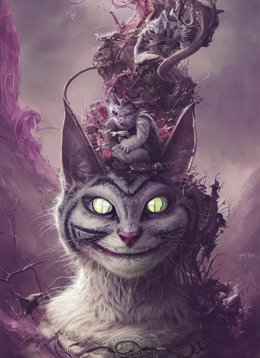 Image similar to Cheshire Cat,highly detailed,cinematic,8k,by Stanley Artgermm,Tom Bagshaw,Greg Rutkowski,Carne Griffiths, Ayami Kojima, Beksinski, Giger,Anne Stokes, Benjamin Lacombe,trending on DeviantArt,hyper detailed,horror, full of colour