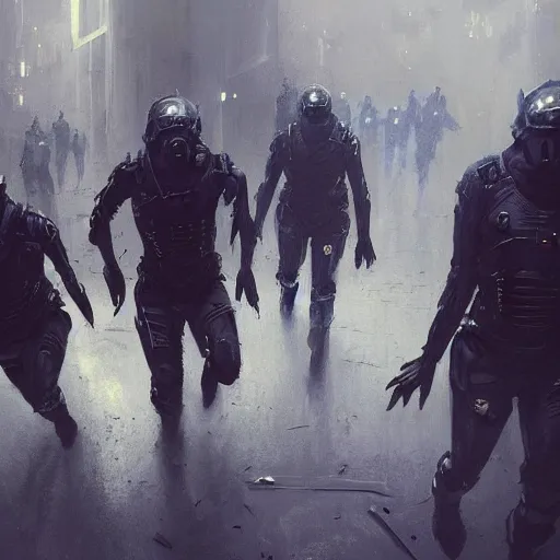 Image similar to concept art by greg rutkowski, three people running dressed in futuristic riot gear, in a claustrophobic, futuristic and brutalist environment, frightening and creepy atmosphere, scifi, highly detailed portrait, digital painting, artstation, concept art, smooth, sharp foccus ilustration, artstation hq