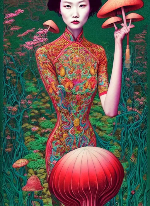 Image similar to pretty chinese model with hallucination mushroom : : by martine johanna and simon stalenhag and chie yoshii and casey weldon and wlop : : ornate, dynamic, particulate, rich colors, intricate, elegant, highly detailed, vogue, harper's bazaar art, fashion magazine, smooth, sharp focus,