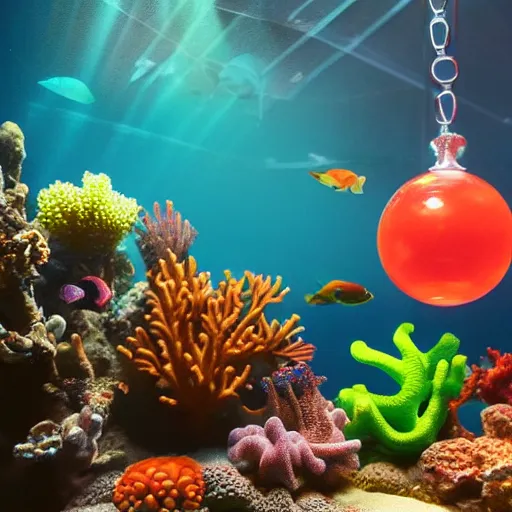 Prompt: coral reef with tropical fish and octopus contained in a tiny glass orb on museum display with overhead lighting, octane render