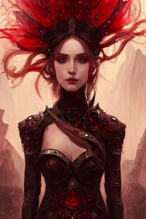 Image similar to portrait knights of Zodiac girl+smoky eyes, black fire red color reflected armor, in ruined Agora of Athens rainy night, ssci-fi and fantasy, intricate and very very beautiful and elegant, highly detailed, digital painting, artstation, concept art, smooth and sharp focus, illustration, art by tian zi and WLOP and alphonse mucha