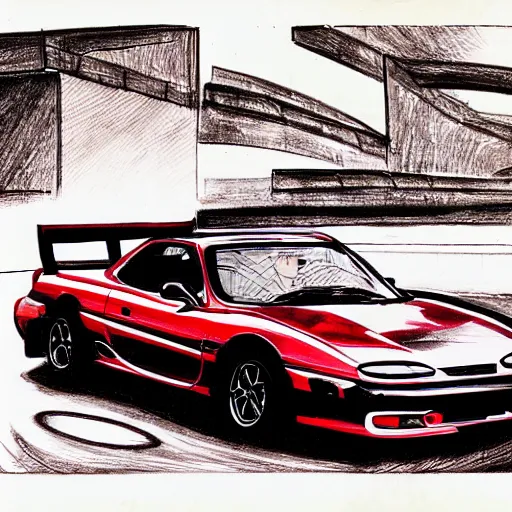 Image similar to pen ink drawing black red 1999 FD RX-7 front side view dynamic racing motion blur Shuichi Shigeno and Michiharu Kusunoki