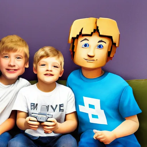 Prompt: a painting of three young boys sitting on a couch holding playstation controllers. the first child is short and has blonde hair and is wearing a minecraft shirt. the second child has brown hair and is wearing a hockey jersey. the third child is wearing a fortnite tshirt.
