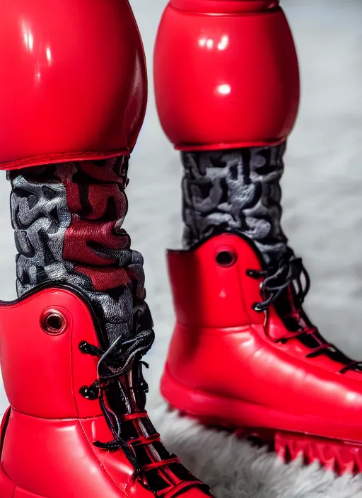 Prompt: hyperrealistic and heavy detailed moncler boots of whole lotta red by playboi carti, leica sl 2 5 0 mm, vivid color, high quality, high textured, real life