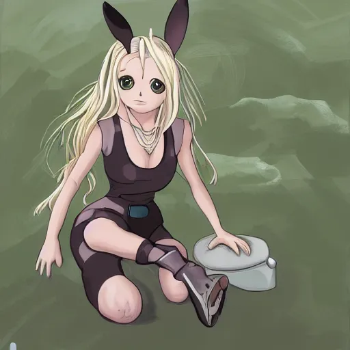 Image similar to britney spears, bunny suit, artwork in made in abyss art style, inspired in balthus, clean details, color palette, candy, anatomically proportional