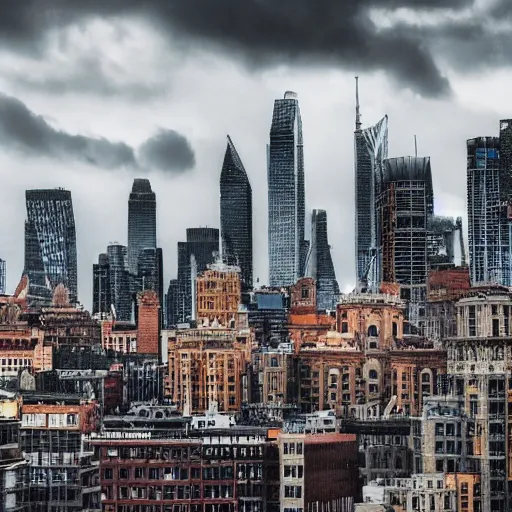 Prompt: Beautiful picture of an intricate very detailed cozy city on a cloudy day with tall buildings with small windows, high-quality photograph