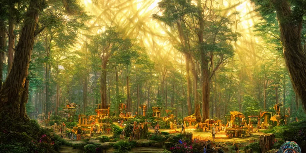 Prompt: detailed veduta of a camp in a magical forest with tall trees and statues of ancient goddesses, heroes of might and magic 3, whimsical, fairy tale, hyper realistic, volumetric lighting, sunshafts, dan mumford, thomas kinkade, realistic