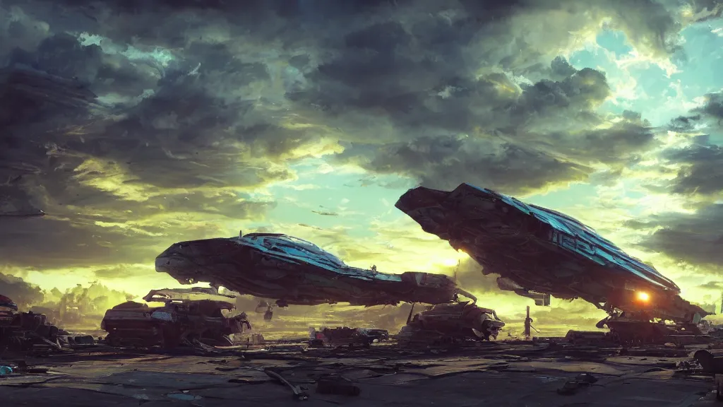 Image similar to a photorealistic hyperrealistic render of a gigantic spaceship landing at a junkyard by greg rutkowski, vitaly bugarov, stephan martiniere, nicolas bouvier sparth, james paick, dramatic moody sunset lighting, long shadows, volumetric, cinematic atmosphere, octane render, artstation, 8 k