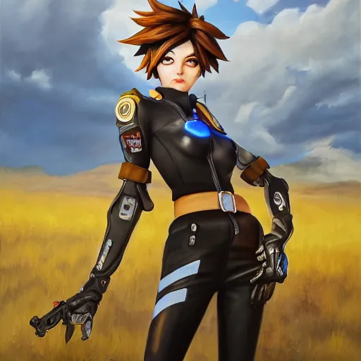 Image similar to oil painting of tracer overwatch in a field wearing very large black leather belt choker collar around neck, in style of mark arian, expressive face, very detailed face, very detailed eyes, belt around neck, full body, feminine face, tracer overwatch,