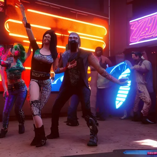 Image similar to Dancing hippies Cyberpunk 2077. CP2077. 3840 x 2160