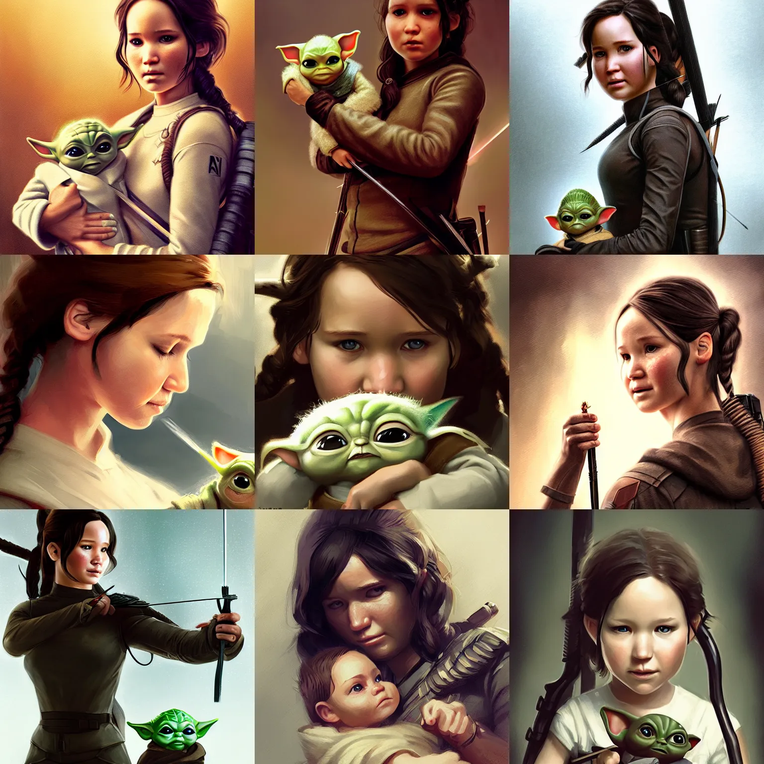 Prompt: Katniss Everdeen holding Baby Yoda, digital portrait by Greg Rutkowski, intricate, sharp focus, cinematic, epic, artstation