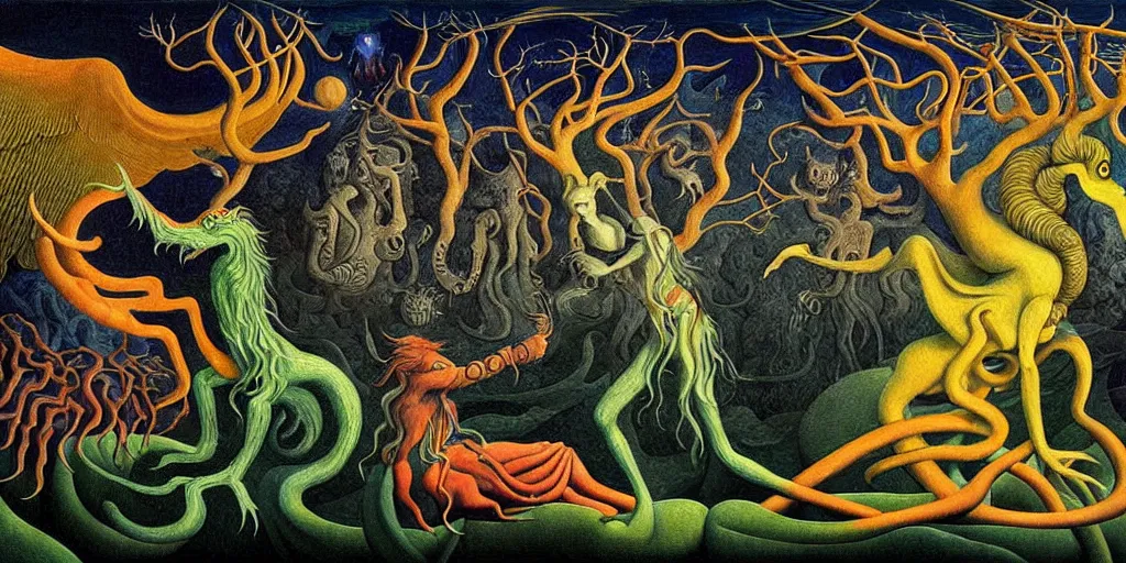 Prompt: mythical creatures and monsters in the imaginal realm of the collective unconscious, in a dark surreal painting by johfra, mc escher and ronny khalil