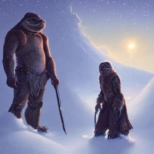 Prompt: anthropomorphic snappingturtle humanoid, turtle shell, greg rutkowski, barbarian, tim hildebrandt, winter, ice, snow, fur jacket, wayne barlowe, big and tall, fantasy