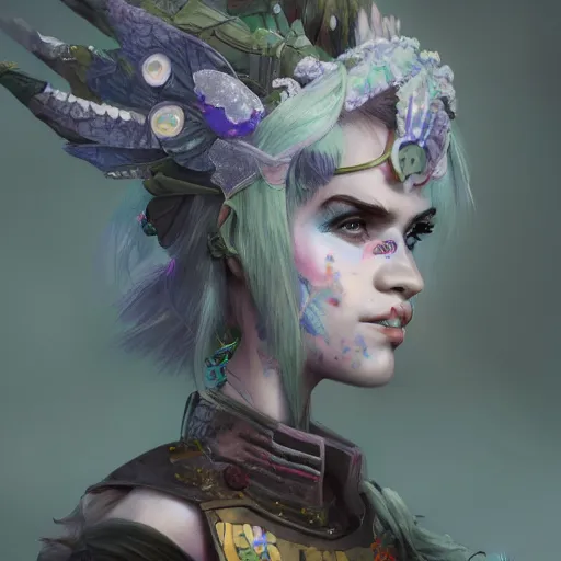 Prompt: wide shot of Grimes as a highly detailed fairy wargame character, trending on artstation, concept matte