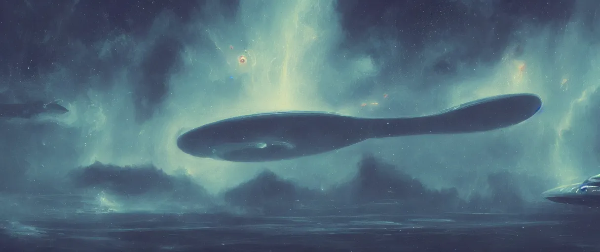 Image similar to lone industrial!!! spaceship!!, deepspace exploration!!!, flying, ridley scott universe, floating!!! in a nebula, the final frontier, illustrative!!, apparent brush strokes, hyperdetailed, sketch, cinematic lighting, 4k, wide angle, beksinski,, trending on artstation