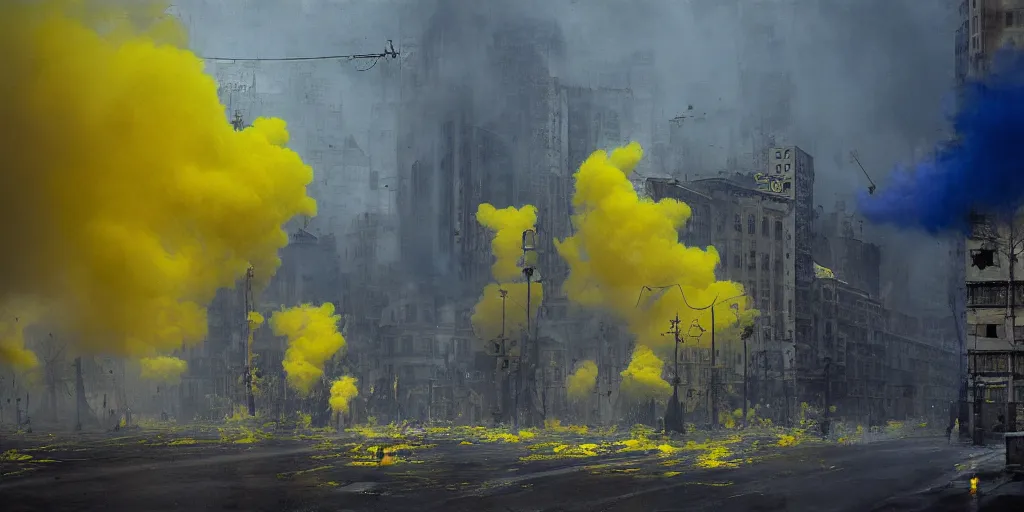 Image similar to kiev city streets covered in yellow and blue smoke, by jeremy mann, by kim keever