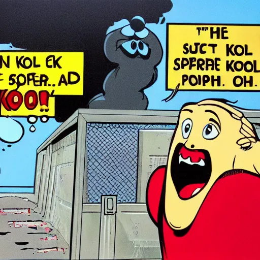 Image similar to The Kool-Aid Man breaking out of a Supermax Prison, comic book art