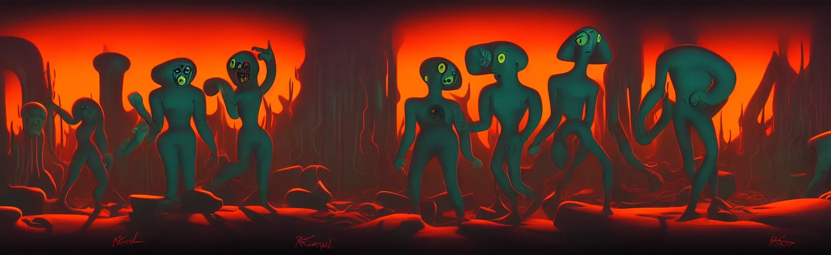 Prompt: uncanny repressed mutants from the depths of a vast wasteland in the collective unconscious, dramatic lighting, surreal dark 1 9 3 0 s fleischer cartoon characters, surreal painting by ronny khalil