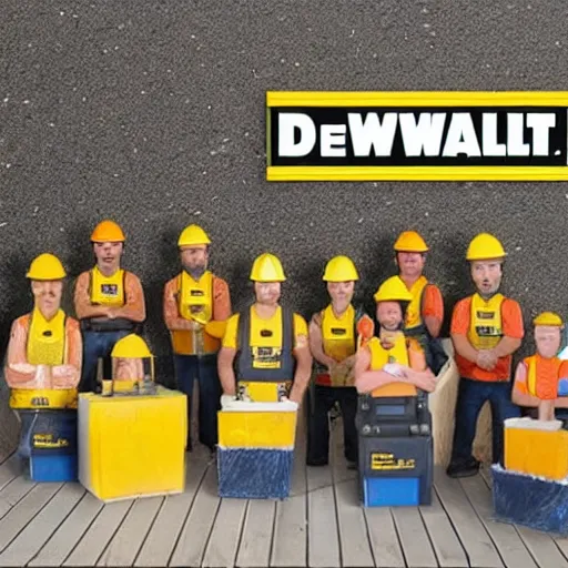 Image similar to a dewalt themed birthday party with everyone dressed as construction workers, 4k, realism, photorealistic, detailed, dewalt, power drills