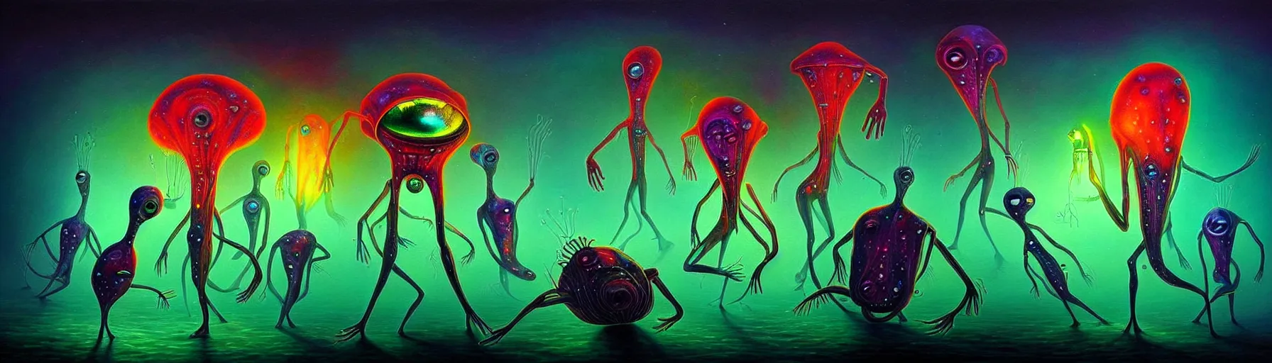 Image similar to strange alien plankton creatures from the depths of the collective unconscious, dramatic lighting, surreal darkly colorful painting by ronny khalil