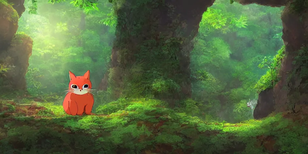 Prompt: red cat shaped like totoro looking into large cave entrance in a lush forest, beautiful ambiance, sunset, studio ghibli style, by hayao miyazaki, sharp focus, highly detailed, 4k