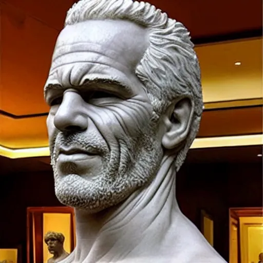 Image similar to hellenic marble sculpture of Jeffrey Epstein, realistic human anatomy sculpture, detailed anatomy, perfect anatomy, intricate sculpture, chiseled muscles, godlike