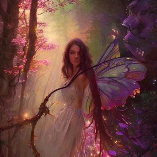 Prompt: ultra realistic illustration of magical fairy, forest, fantasy, colorful lights, intricate, elegant, highly detailed, digital painting, artstation, concept art, smooth, sharp focus, illustration, art by artgerm and greg rutkowski and alphonse mucha