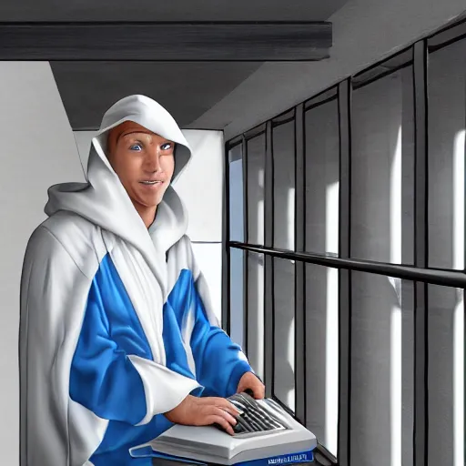 Prompt: a guy with blue eyes, he is in a white robe with a hood, he is looking at the laptop, he is working at the laptop, he has a pride expression on his face and a little smile, he is on a balcony of a hotel, it is raining outside, highly detailed, sharp focus, unreal engine 5, 8 k