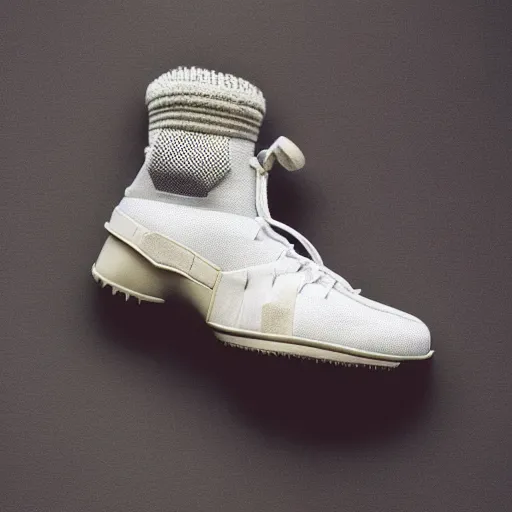 Prompt: a studio photoshoot of Nike ACG sneakers designed by Tom Sachs, leather with knitted mesh material, gum rubber outsole, realistic, color film photography by Tlyer Mitchell, 35 mm, graflex