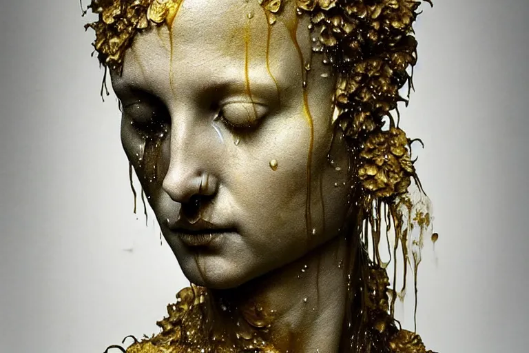 Image similar to a sculpture of a person with flowing golden tears, fractal flowers on the skin, a marble sculpture by nicola samori, behance, neo - expressionism, marble sculpture, apocalypse art, made of mist
