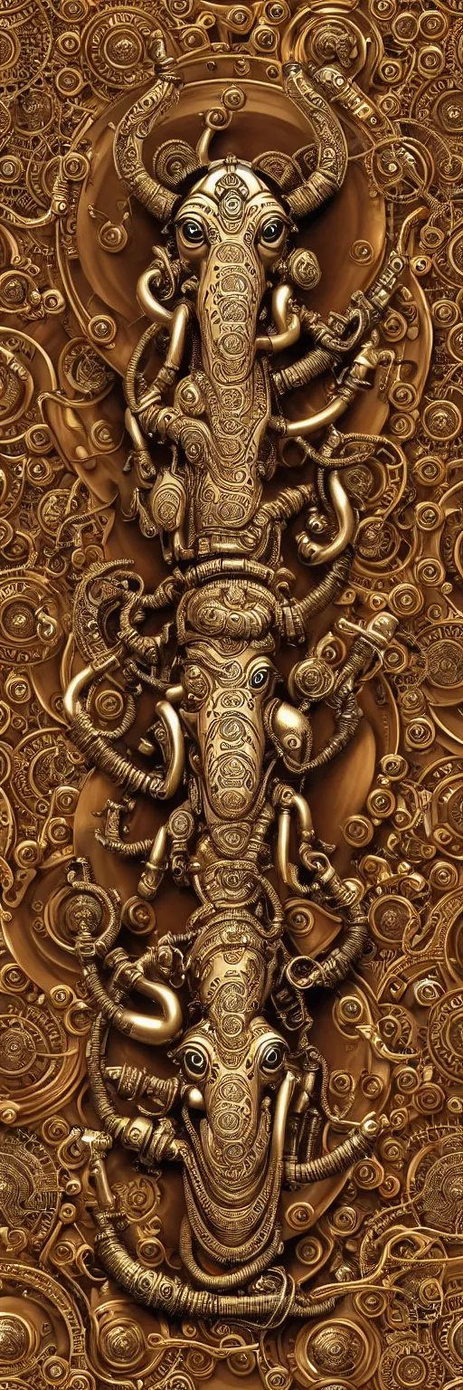 Image similar to seamless pattern of steampunk cybernetic biomechanical hindu god ganesha, 3 d model, very coherent symmetrical artwork, unreal engine realistic render, 8 k, micro detail, gold white plastic and steel intricate, elegant, highly detailed, digital painting, artstation, smooth, sharp focus, illustration, artgerm, tomasz alen kopera, wlop