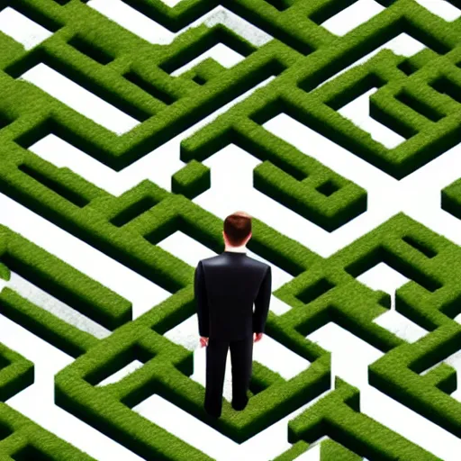 Prompt: isometric miniature photo of a businessman standing in a maze of white cubicles and olive green carpet