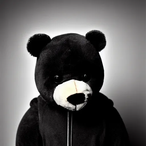 Image similar to a ( ( ( ( ( ( ( ( ( chiaroscuro lighting portrait ) ) ) ) ) ) ) ) ) ) of kanye west dressed as teddy bear mascot, black background, portrait by julia margaret cameron, shallow depth of field, 8 0 mm, f 1. 8