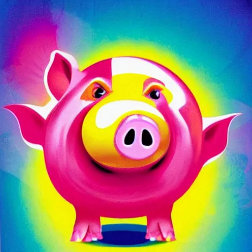 Image similar to lisa frank dashing pig wearing a simple gold throwing a football in the style of peter max