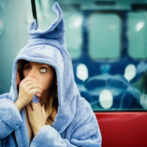 Prompt: a giant squid wearing a brand new indigo bathrobe with grey hair in the back of a bus, 3 5 mm photograph, bokeh, journalistic photos