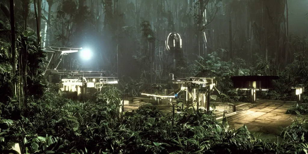 Prompt: film still of a dark futuristic scientific research outpost with complicated machinery and lasers in a moist foggy jungle, science fiction, ridley scott, lights through fog, futuristic outpost building, wet lush jungle landscape, dark sci - fi, 1 9 8 0 s, beige and dark atmosphere, ridley scott