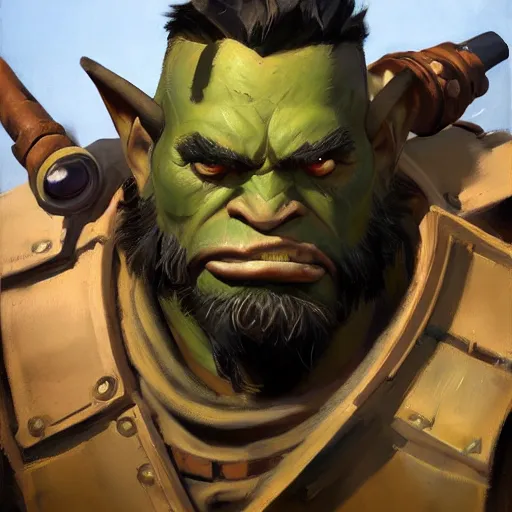 Prompt: greg manchess close - up portrait painting of a ruggedly handsome young dieselpunk orc with olive green skin as an overwatch character, medium shot, asymmetrical, profile picture, organic painting, sunny day, matte painting, bold shapes, hard edges, street art, trending on artstation, by huang guangjian and gil elvgren and sachin teng